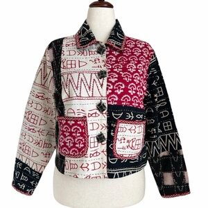 VTG Allure Dress Artwear Patchwork Jacket Graphic Print Red Black Linen Blend PM